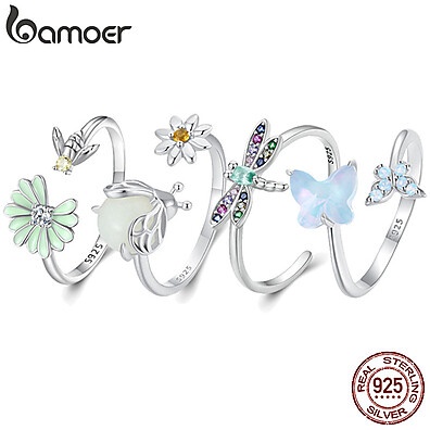 Anéis Bamoer 925: Flores, Pássaros e Borboletas