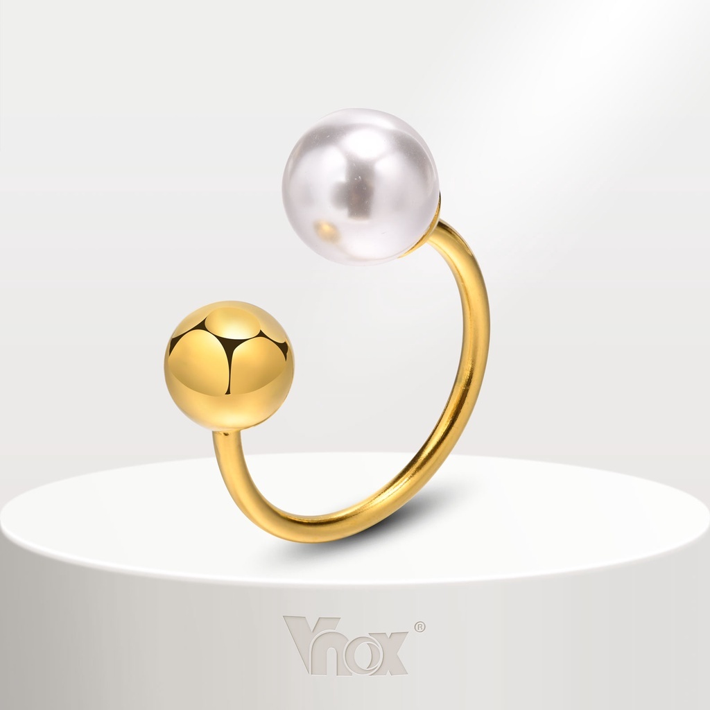 Anel de Bola Pérola Vnox em Aço Inoxidável: Design Único em Ouro 18K