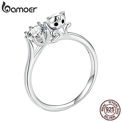 Anel de Prata 925 com Zircônia Formato Gato - Bamoer