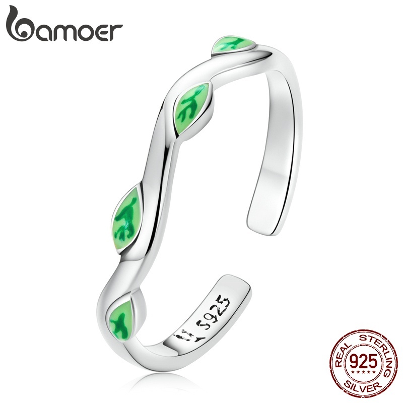 Anel de Prata 925 Folha Verde Bamoer: Elegância Ajustável