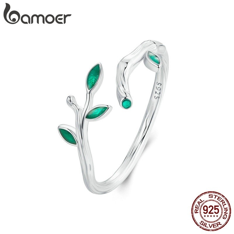 Anel de Prata Bamoer: Design Folha Elegante