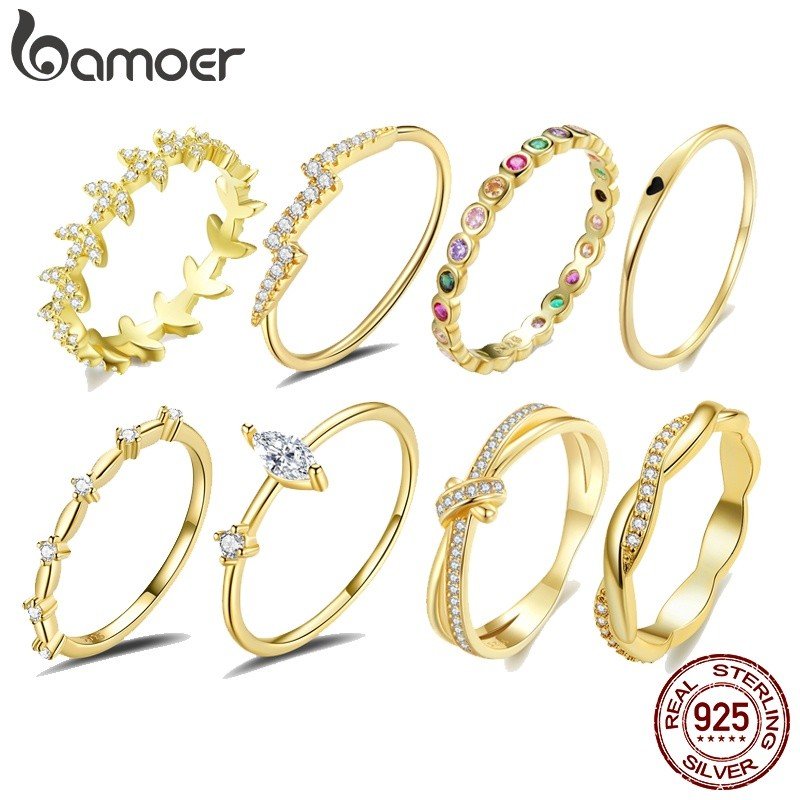 Anel de Prata Bamoer: Zircônia e Banho de Ouro