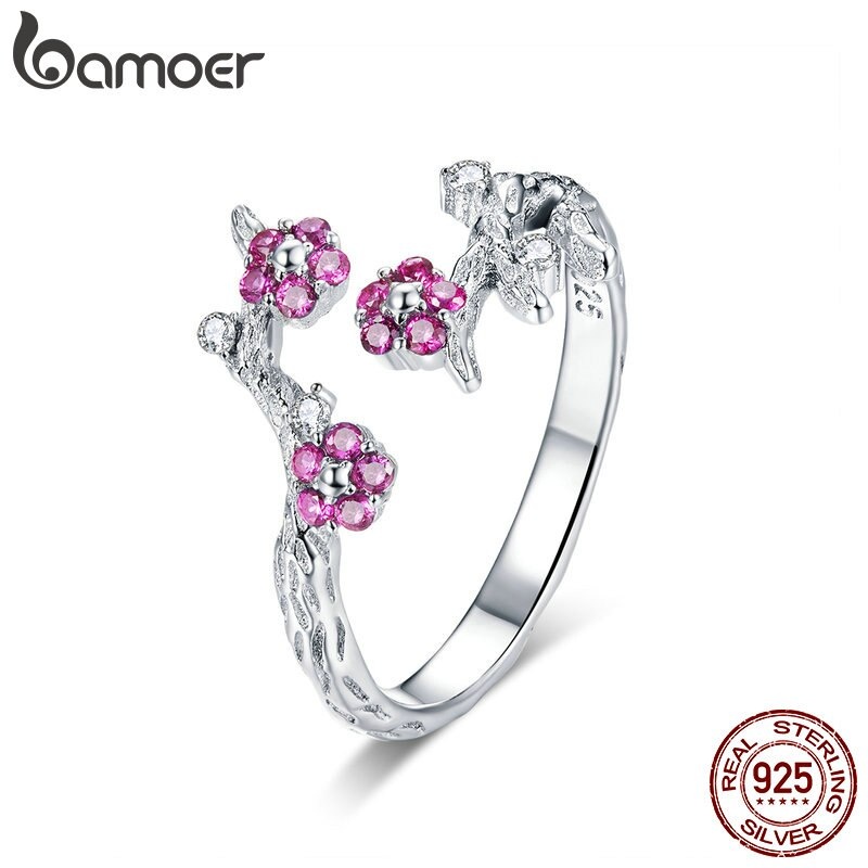 Anel Flor de Ameixa Bamoer Prata 925: Elegância Floral