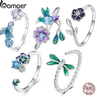 Anel Prata 925 Bamoer: Beija-Flor, Flor e Libélula