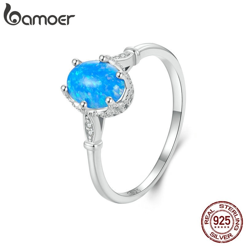 Anel Prata 925 Coroa Opala Azul Bamoer