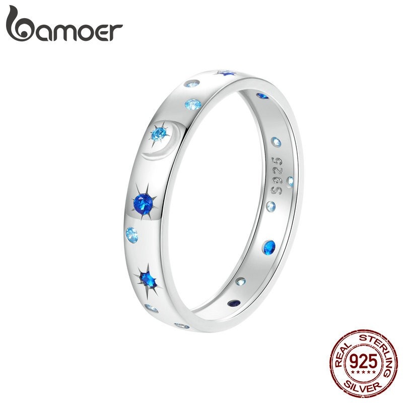 Anel Prata 925 Lua e Estrela Bamoer: Elegância Feminina