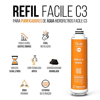Refil C3 Facile Hidrofiltros: Água Limpa por até 1 Ano