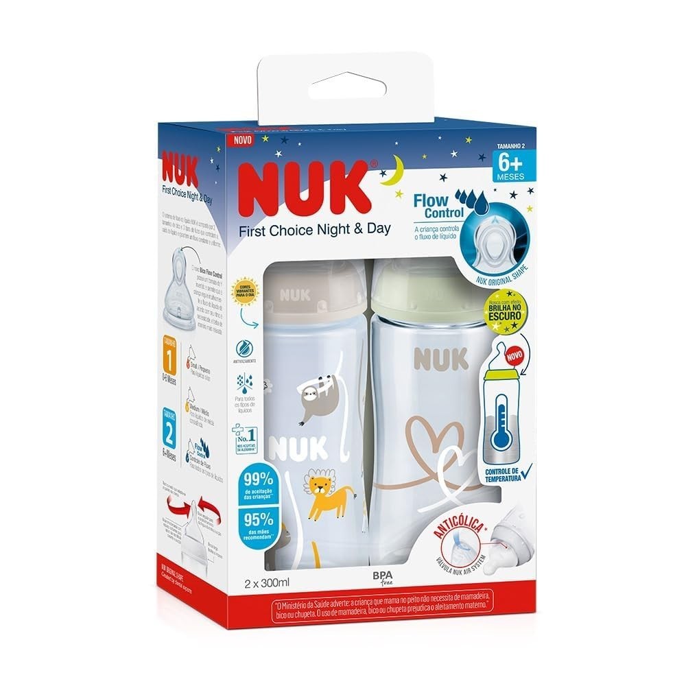 NUK Kit Mamadeiras Anticólica Dia e Noite 300ml com Indicador de Temperatura e Brilha no Escuro