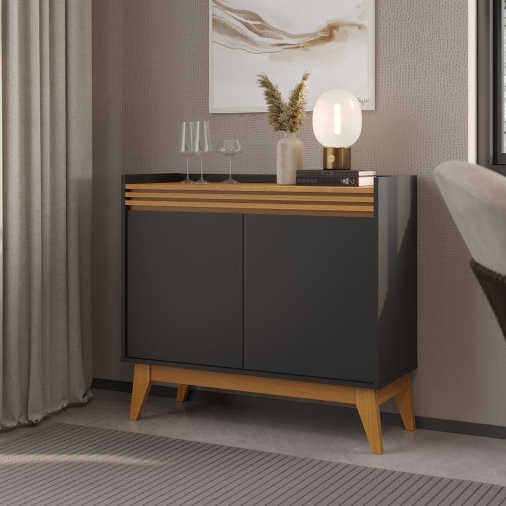 Buffet Aparador Ripado 2 Portas com Pés de MDF Astúrias 92cm - Design Moderno em Preto e Cedro