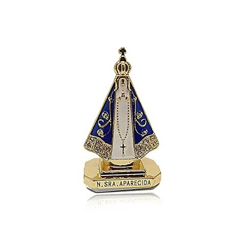 Miniatura Imagem Nossa Senhora Aparecida para Painel de Carro - Metal Dourado com Strass Autocolante 5cm