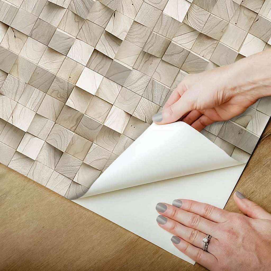 Papel de Parede 3D Cubos Madeira Clara – Fácil Aplicação