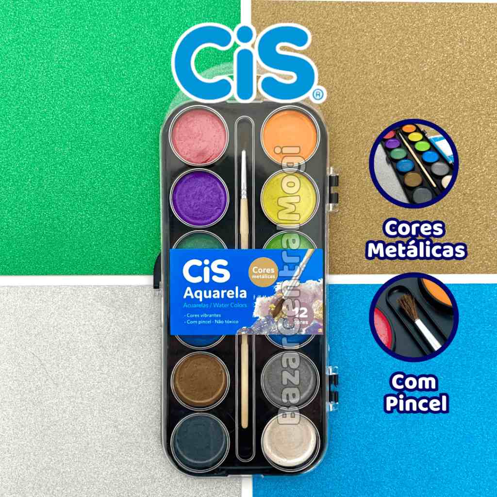 Aquarela Metálica Cis 12 Cores com Pincel e Estojo Godê