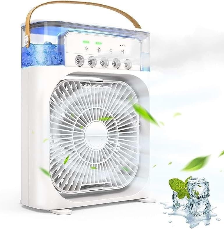 Ventilador Portátil Mesa 3 Velocidades + Mini Ar Condicionado Umidificador com LED RGB