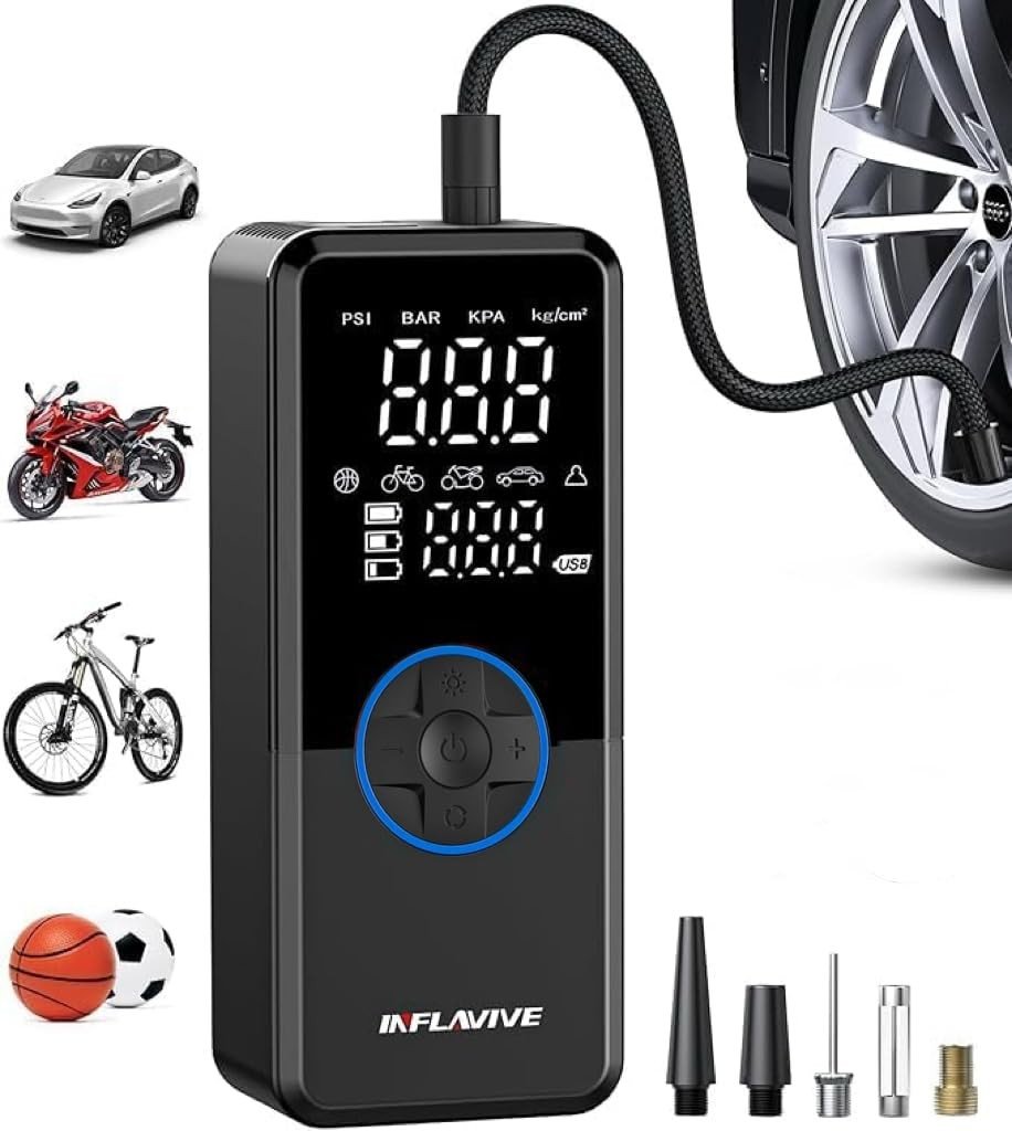 Compressor de Ar Portátil InflaVive: Inflador de Pneu Rápido com Medidor Digital e Luz LED