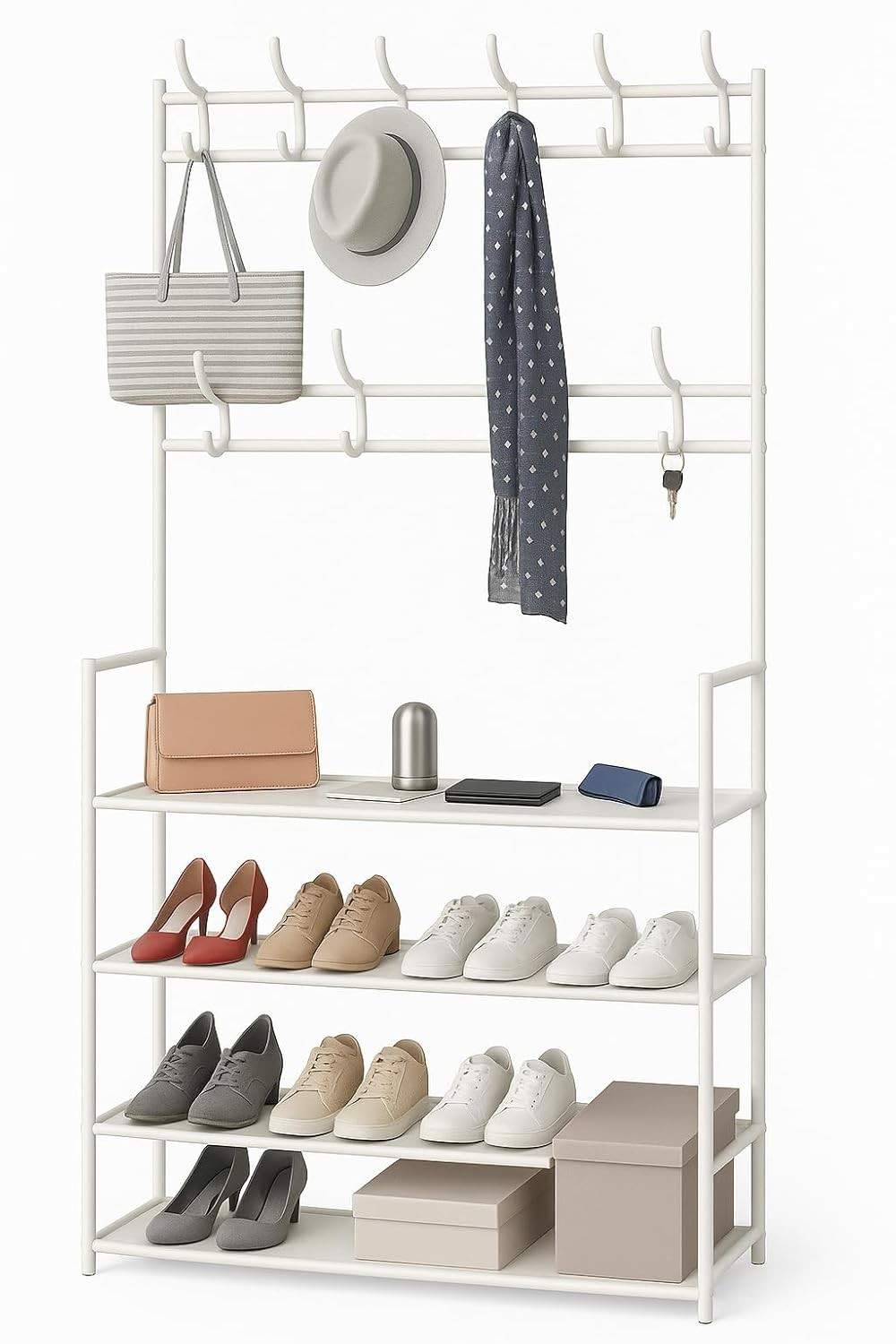 Sapateira Organizador Vertical com Cabideiro e 4 Prateleiras - Arara Multiuso em Metal Branco