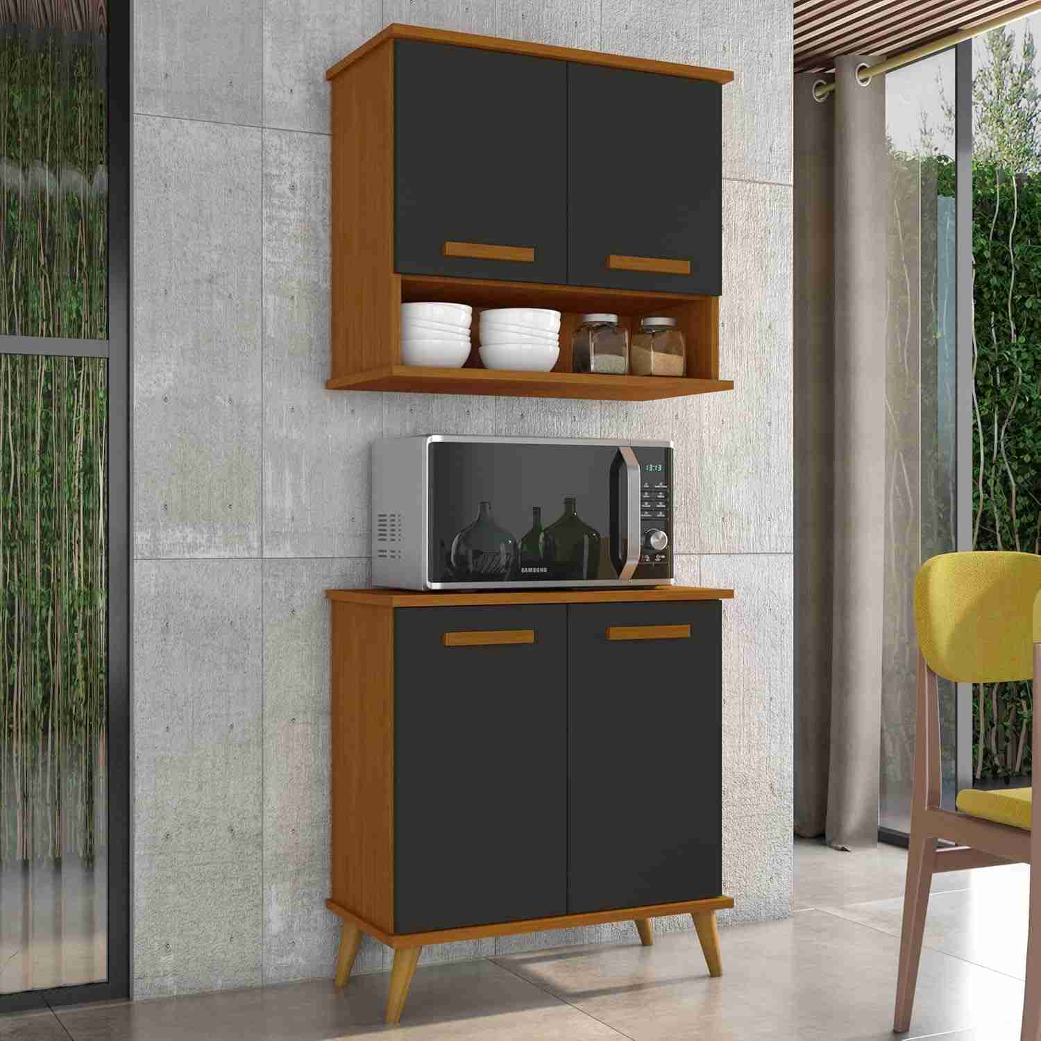 Kit de Cozinha Mavi – Balcão + Armário Aéreo Moderno Cedro/Preto