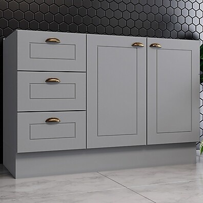Armário Compacto para Pia 120cm – Cinza, 2 Portas e 3 Gavetas