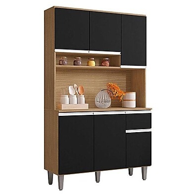 Armário Cozinha Kit Márcia Amendoa Preto – Espaço Inteligente para Ambientes Compactos
