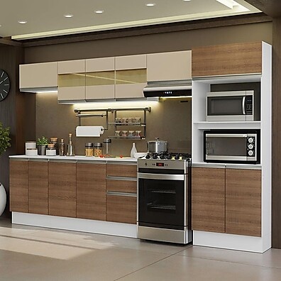 Armário de Cozinha 310cm MDF Branco/Rustic – Completo e Espaçoso