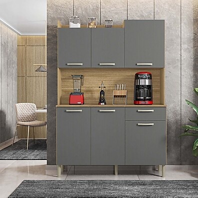 Armário de Cozinha 6 Portas Kit Gênova Freijó/Gris