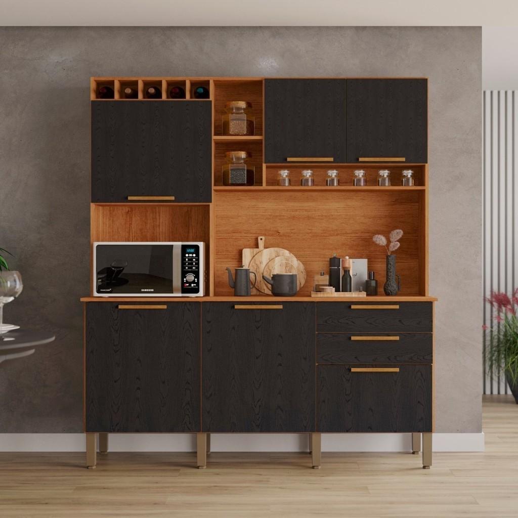 Armário de Cozinha New Topázio 6 Portas 2 Gavetas Cinamomo/Preto