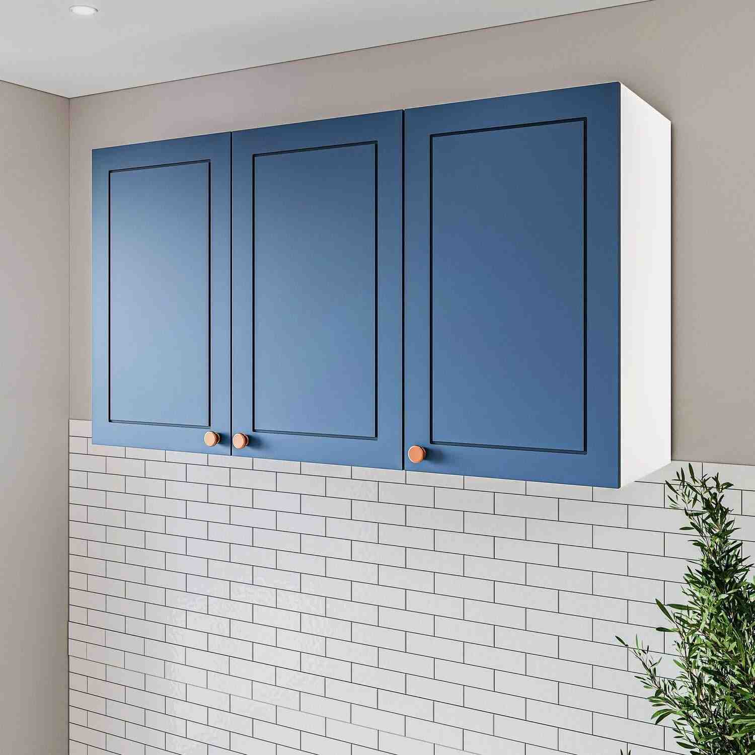 Armário Aéreo 3 Portas 120 cm Pérola Yescasa Branco/Azul - Design Moderno e Funcionalidade