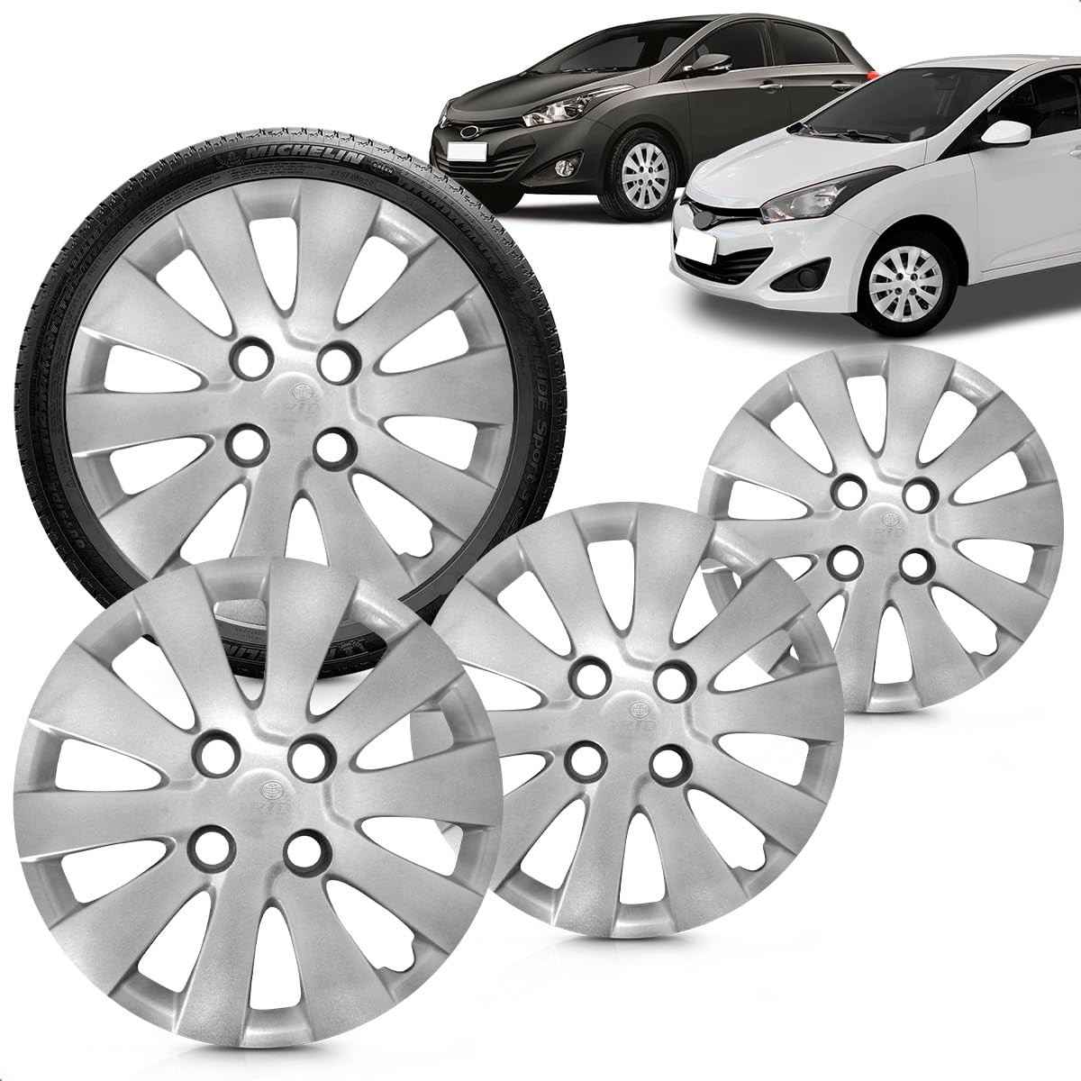 Kit 4 Calotas Aro 14 Hb20 Hb20S Prata Grid - Cubo Baixo