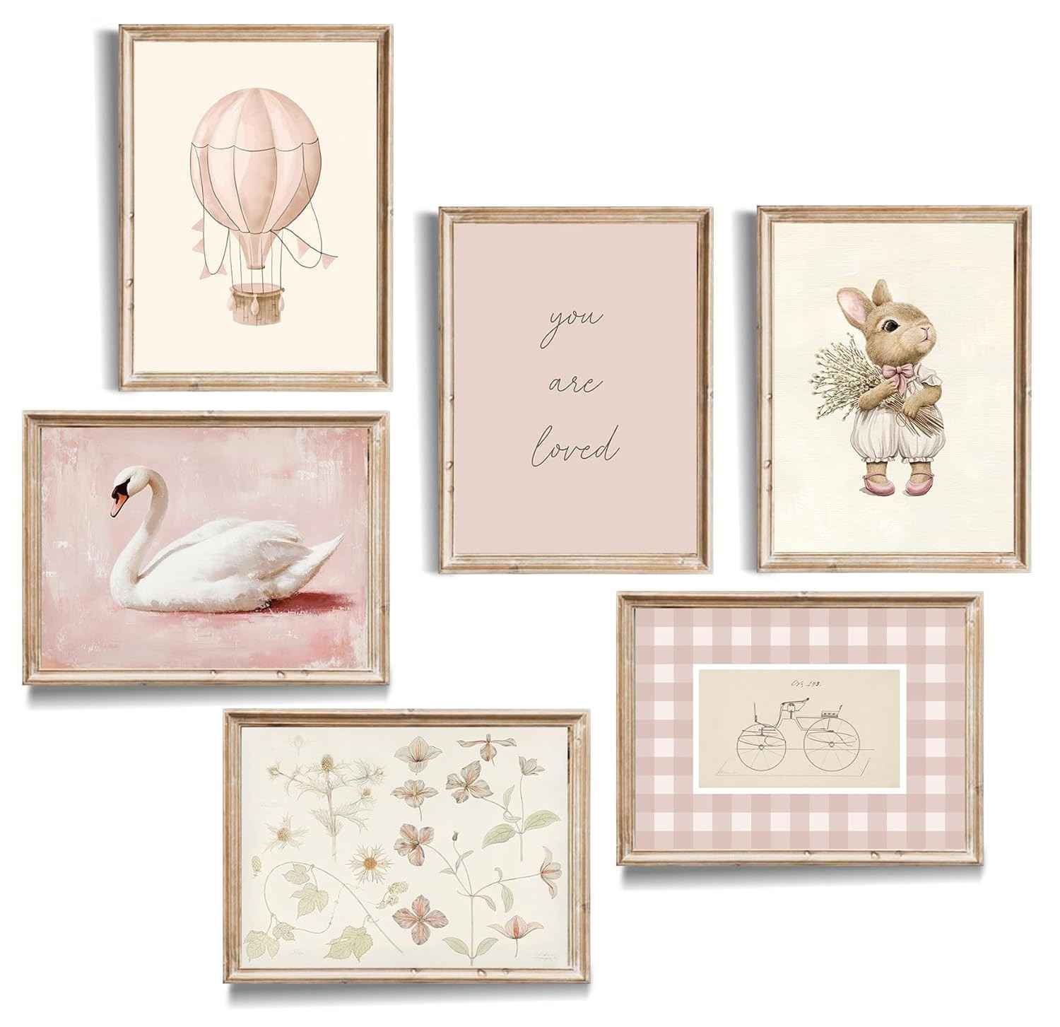 Conjunto de Arte de Parede Vintage Rosa - 6 Impressões em Tela para Berçário e Quarto Infantil com Coelho, Cisne e Flores