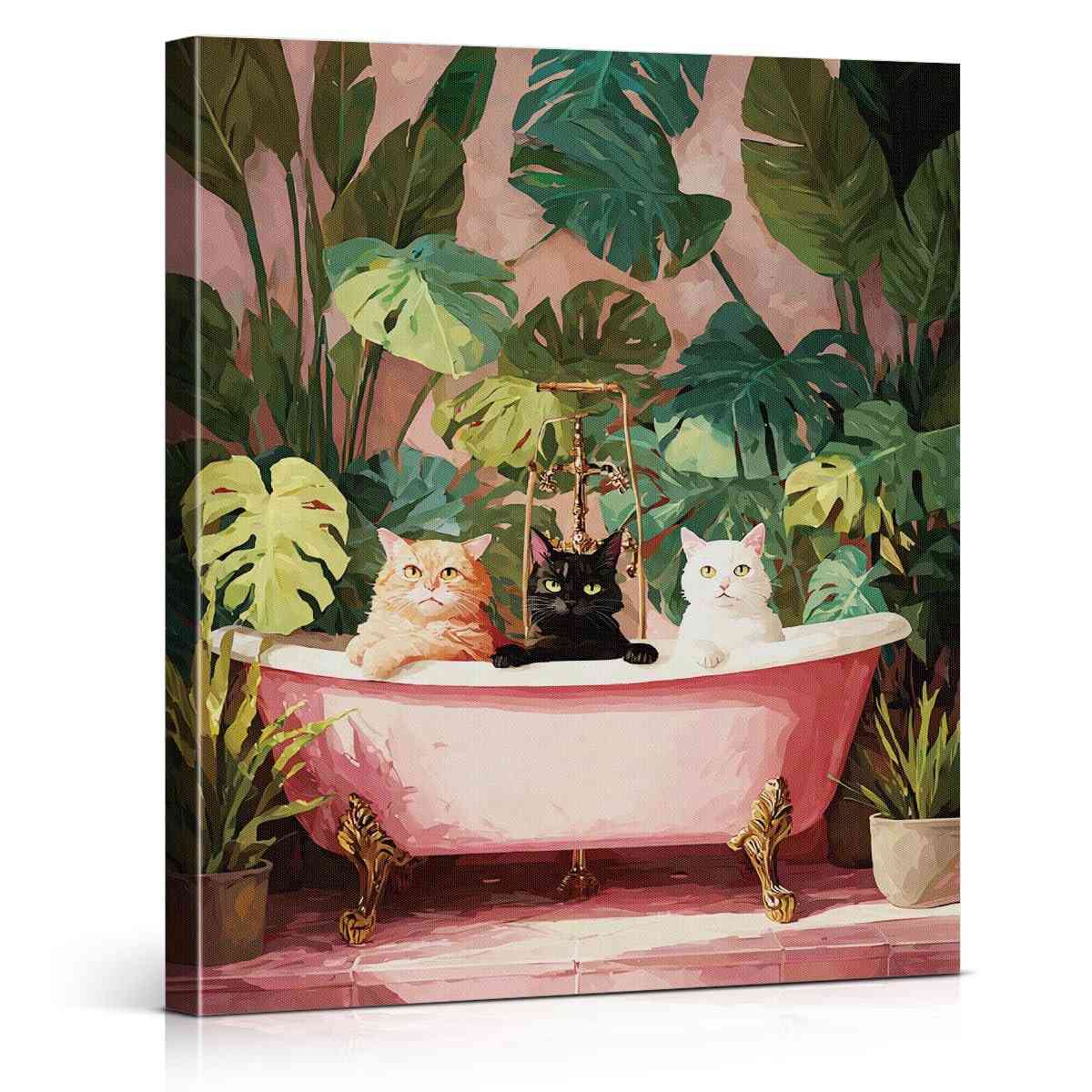 Arte de Parede Vintage Rosa com Gatos Tropicais - Banheiro Decorativo 20x25cm