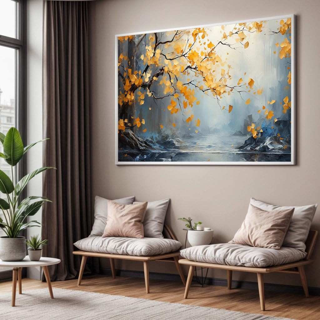 Quadro Decorativo Folhas Amarela com Moldura - Arte Impressão 4K para Sala e Quarto