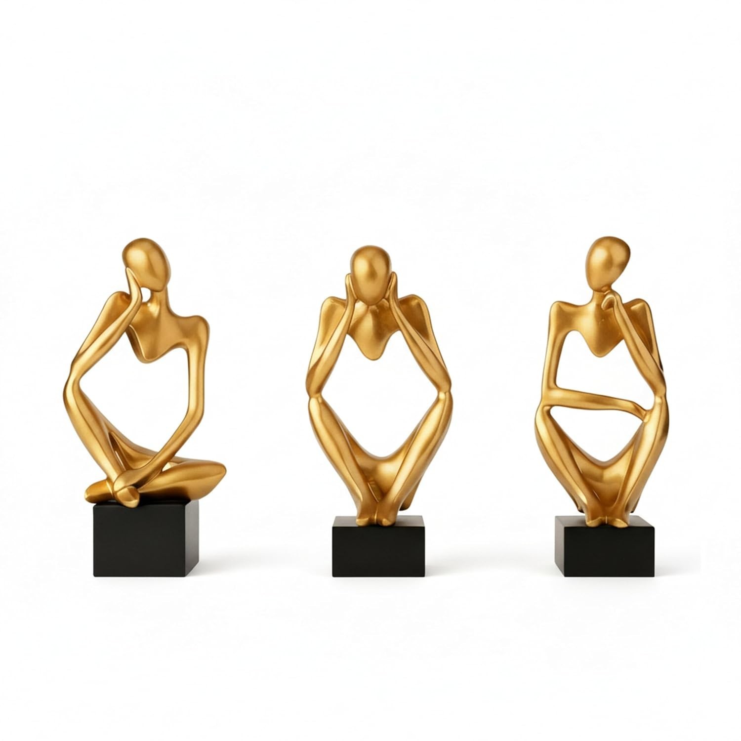 Trio Pensadores Arte Abstrata Dourado – 3 Esculturas Decorativas em Gesso 12 cm, Pintadas à Mão com Alma Metálica
