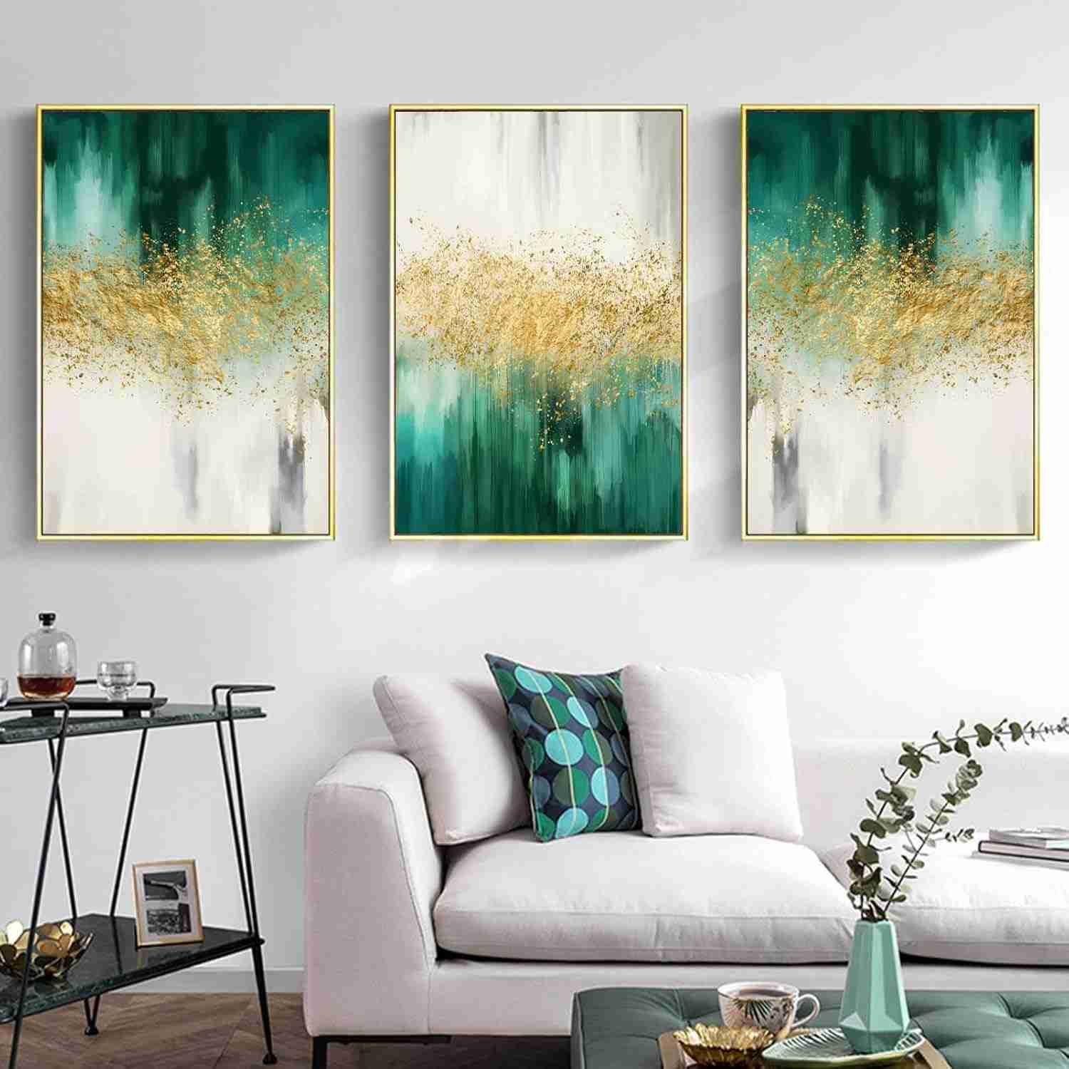 Arte Abstrata Verde Esmeralda com Folha Dourada - Impressão em Tela 40,6 x 61 cm - 3 Peças para Decoração de Parede
