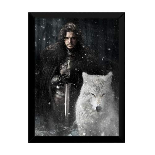 Quadro Game of Thrones Stark Jon Snow com Arte do Lobo Branco - Decoração Temática para Fãs
