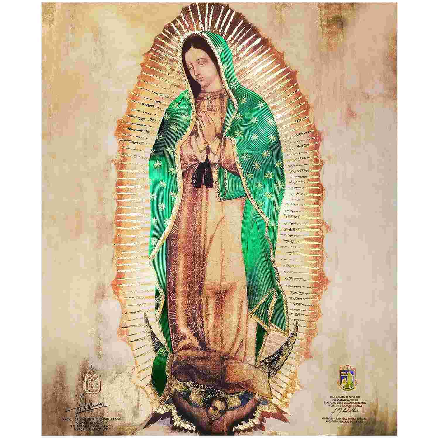 Retrato Corporal de Nossa Senhora de Guadalupe Original 20x25cm | Arte Religiosa em Folha Dourada e Verde