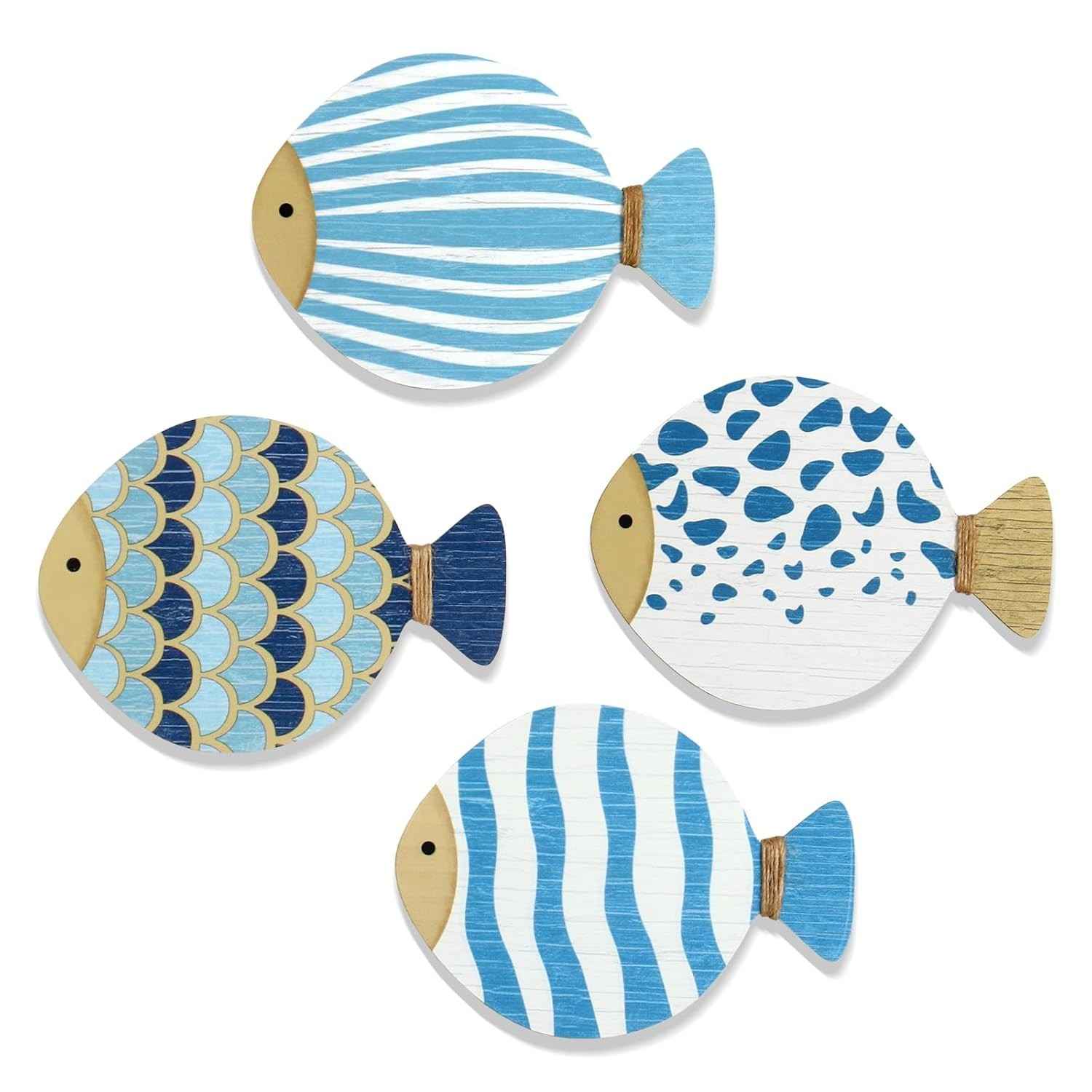 4 Peças de Decoração de Parede Peixe Madeira - Arte Náutica Costeira Azul