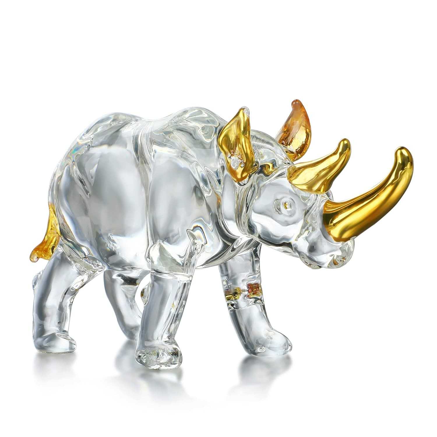 Estatueta de Rinoceronte em Vidro Soprado 15 cm - Arte de Cristal Dourado e Transparente