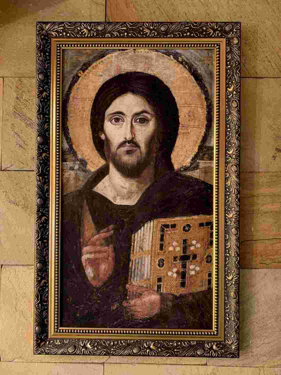 Cristo Pantocrator em Tela Canvas 57x35cm - Arte Sagrada Emoldurada para Decoração