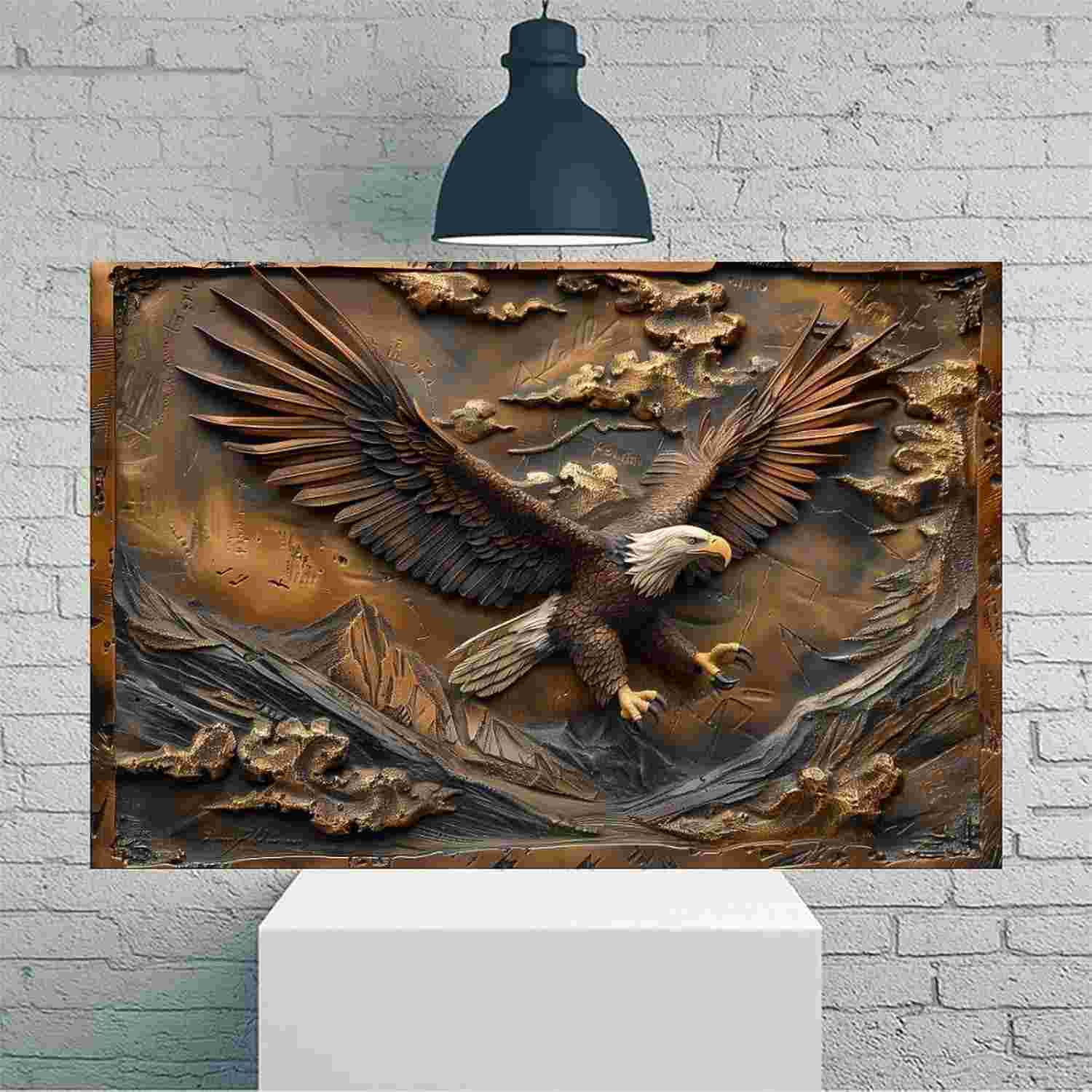 Arte de Parede em Tela Rústica Vintage com Escultura de Águia em Bronze - Pôster 30x45cm Sem Moldura para Decoração de Casa e Escritório