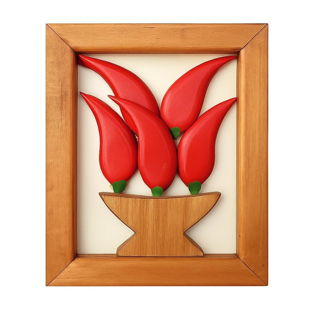 Quadro Decorativo Artesanal em Madeira com Pimentas Vermelhas - 24x20 cm | Decoração Rústica para Cozinha e Área Gourmet