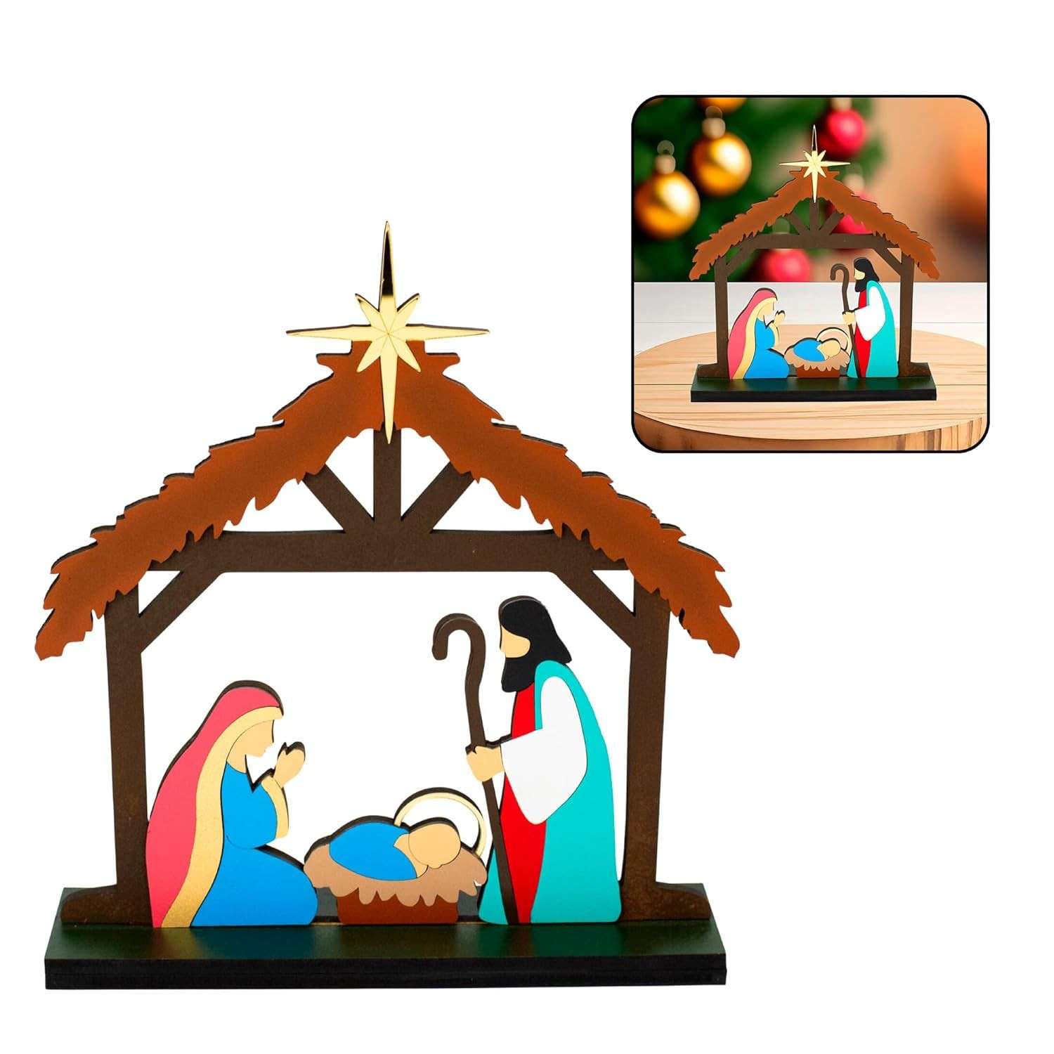 Presépio Artesanal da Sagrada Família em MDF - Decoração de Natal com Detalhes Ricos (27 cm)