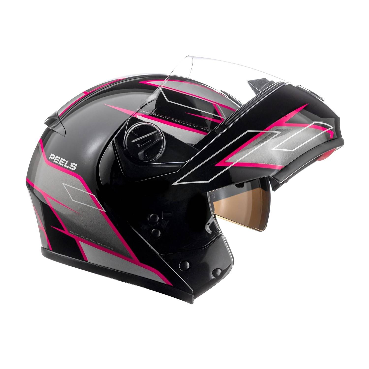 Capacete Articulado Peels U-RB2 Podium Preto/Pink com Viseira Solar - Segurança e Estilo para Sua Moto