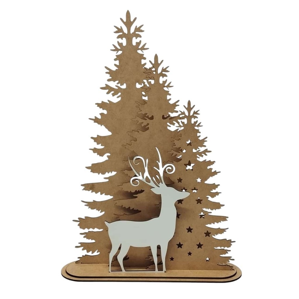 Árvore de Natal com Rena MDF 3mm Cru - Decore com Estilo
