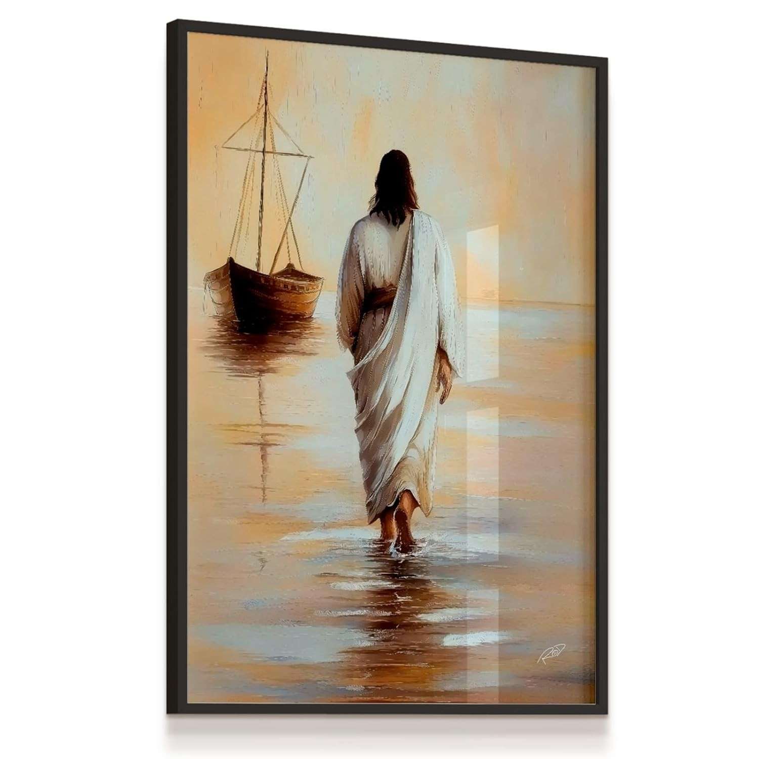 Quadro Decorativo Jesus Caminhando Sobre as Águas - 43x63cm Vidro com Moldura Preta