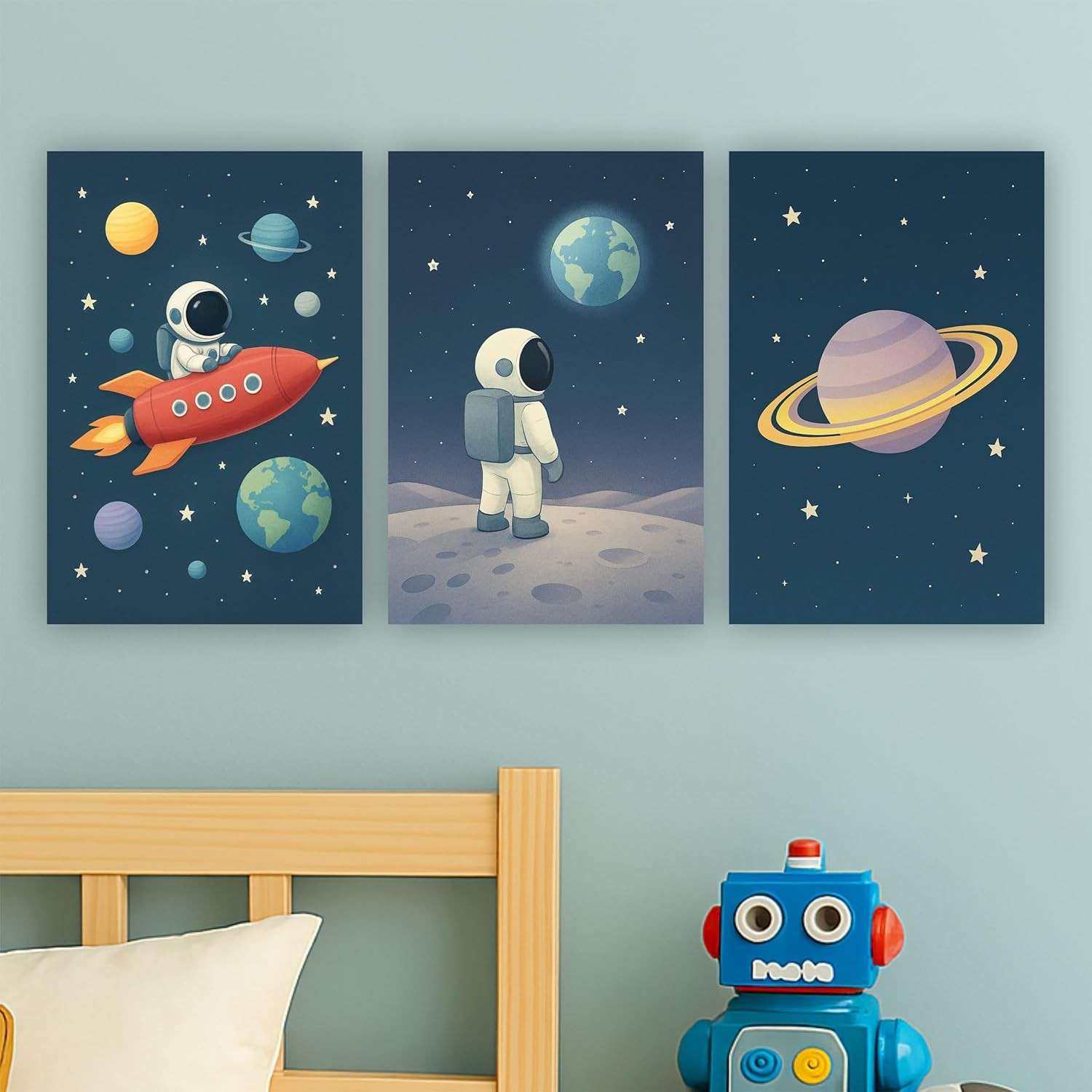 Placas Decorativas Infantil Astronauta no Espaço | Kit 3 Quadros 25x35cm