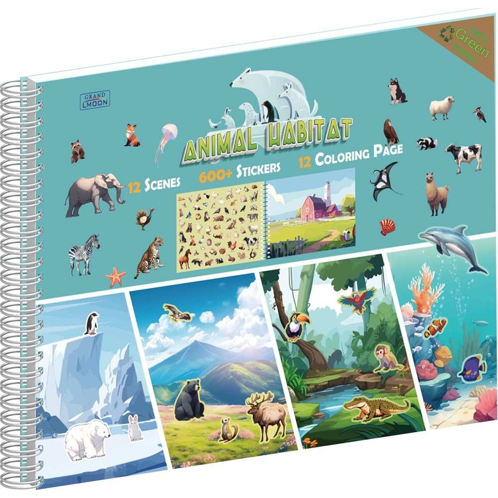Livro de Atividades Criativas: 600+ Adesivos de Animais, 12 Cenas de Habitat e 12 Páginas para Colorir - Diversão e Aprendizado para Crianças a Partir de 12 Anos