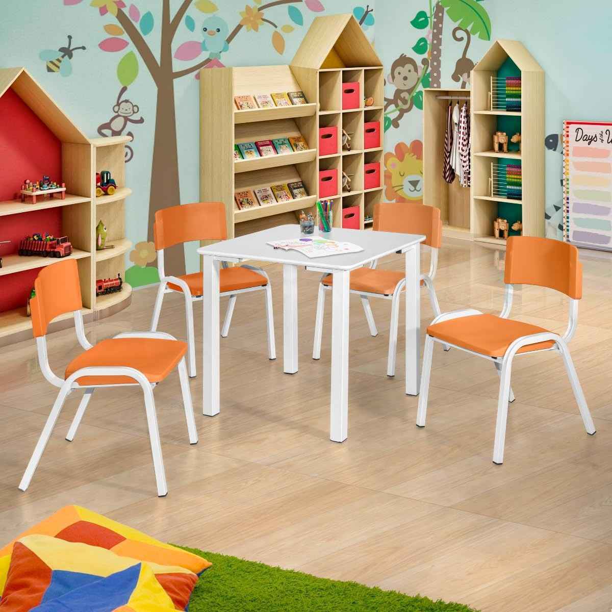 Conjunto Mesa Infantil com 4 Cadeiras Laranja - Ideal para Creches, Escolas e Atividades Recreativas