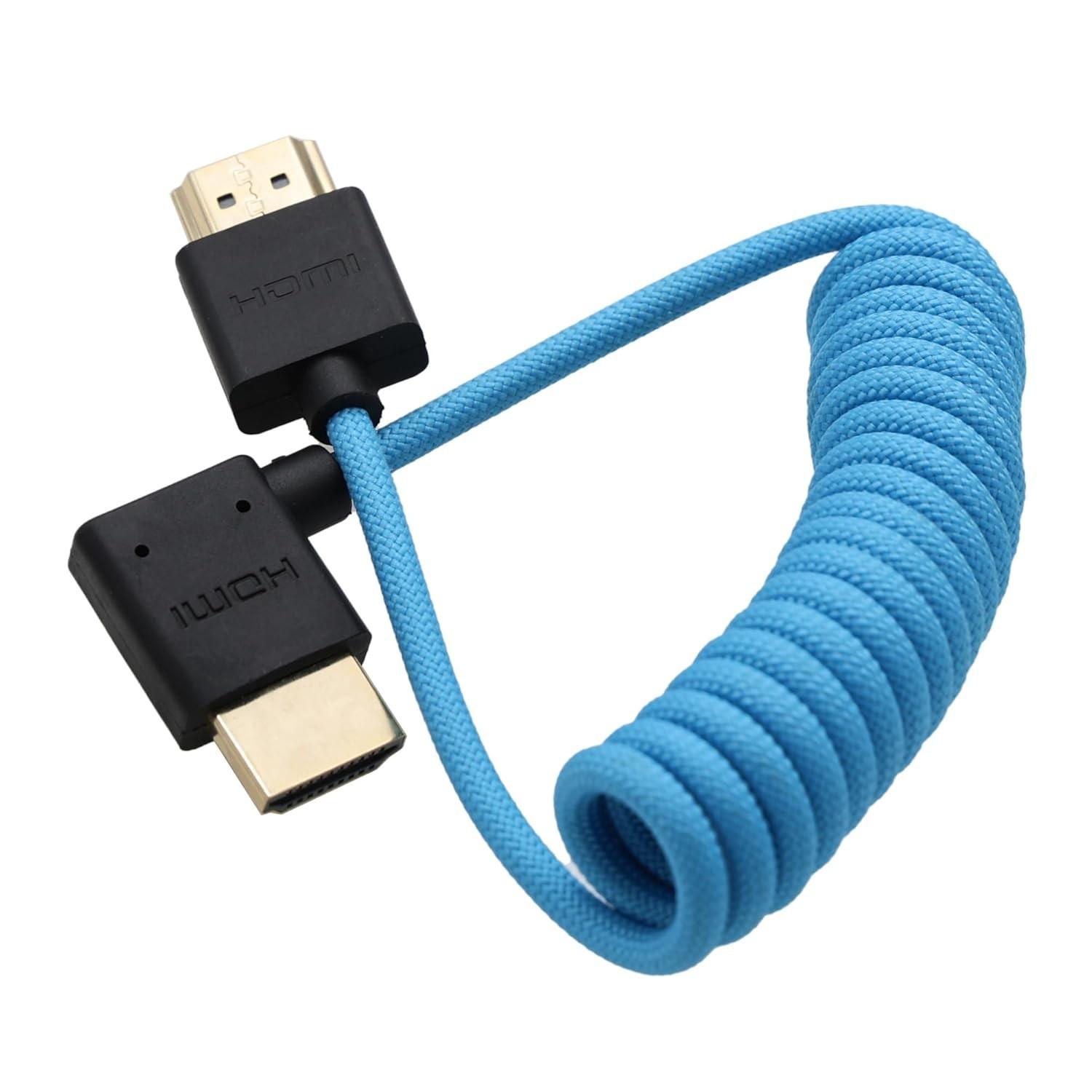 Cabo HDMI 8K 4K HangTon Espiral Azul para Atomos Ninja V, Sony A7RV FX3, Canon C70 R5 II, Fuji GFX100 II - Conexão Profissional