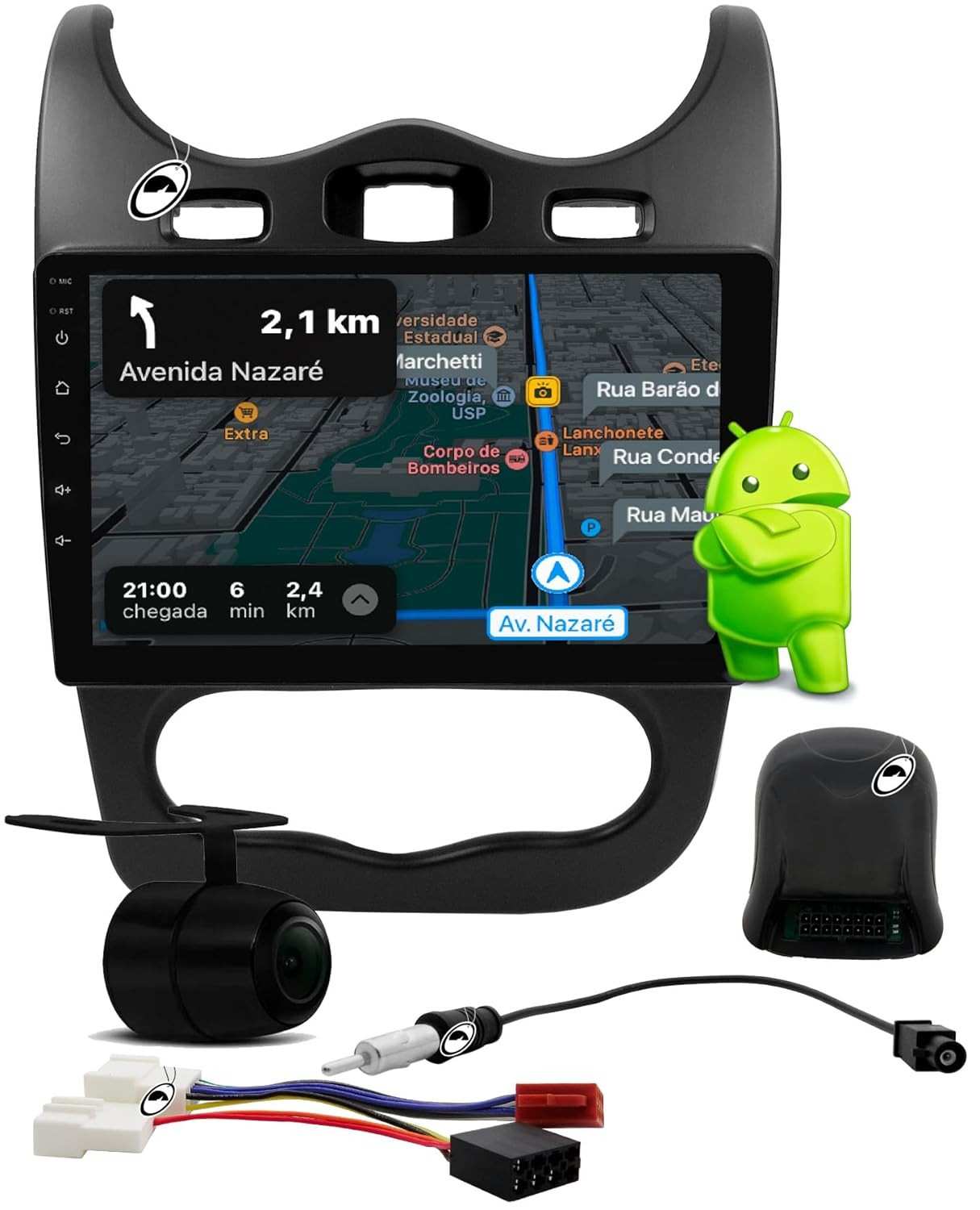 Multimídia 10" Android para Sandero/Logan (2012-2014): Comando Volante, Android Auto & CarPlay + Câmera de Ré