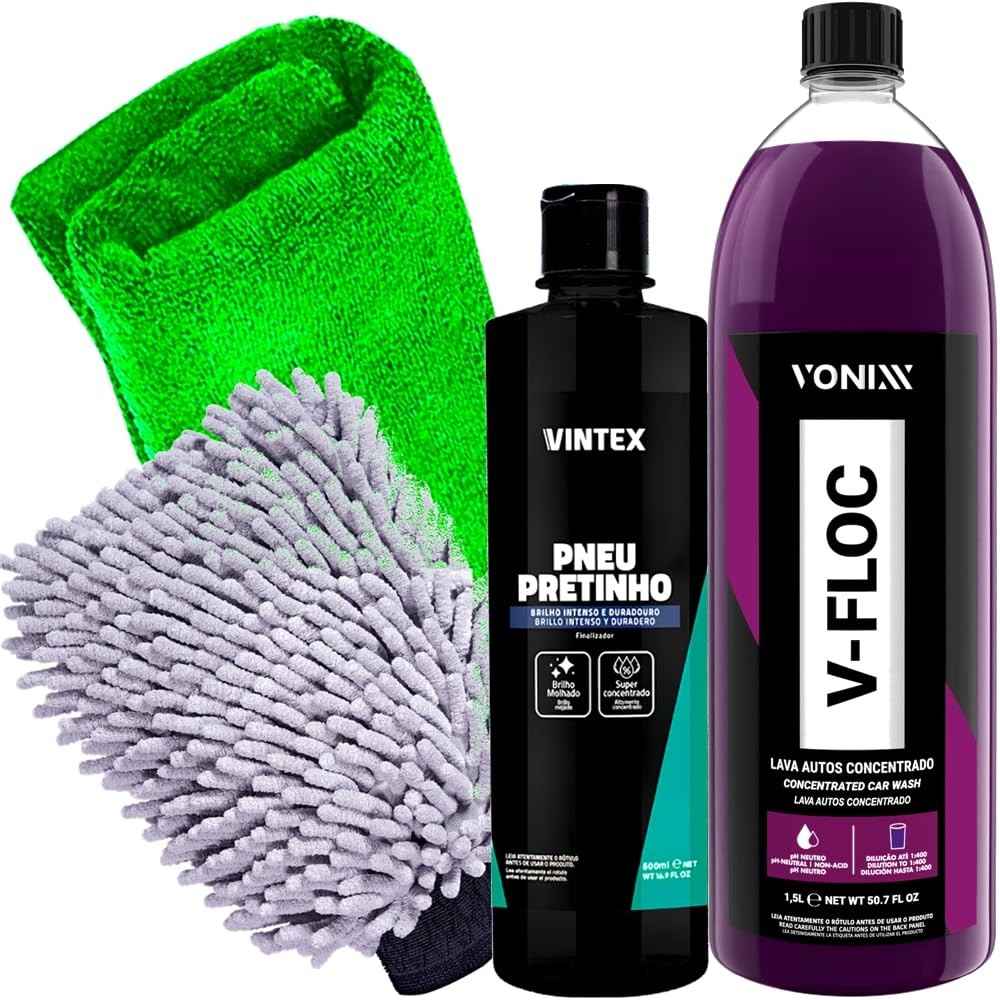 Kit Completo Estética Automotiva: V-Floc 1,5L Vonixx, Pneu Pretinho 500ml Vintex e Acessórios Karbox