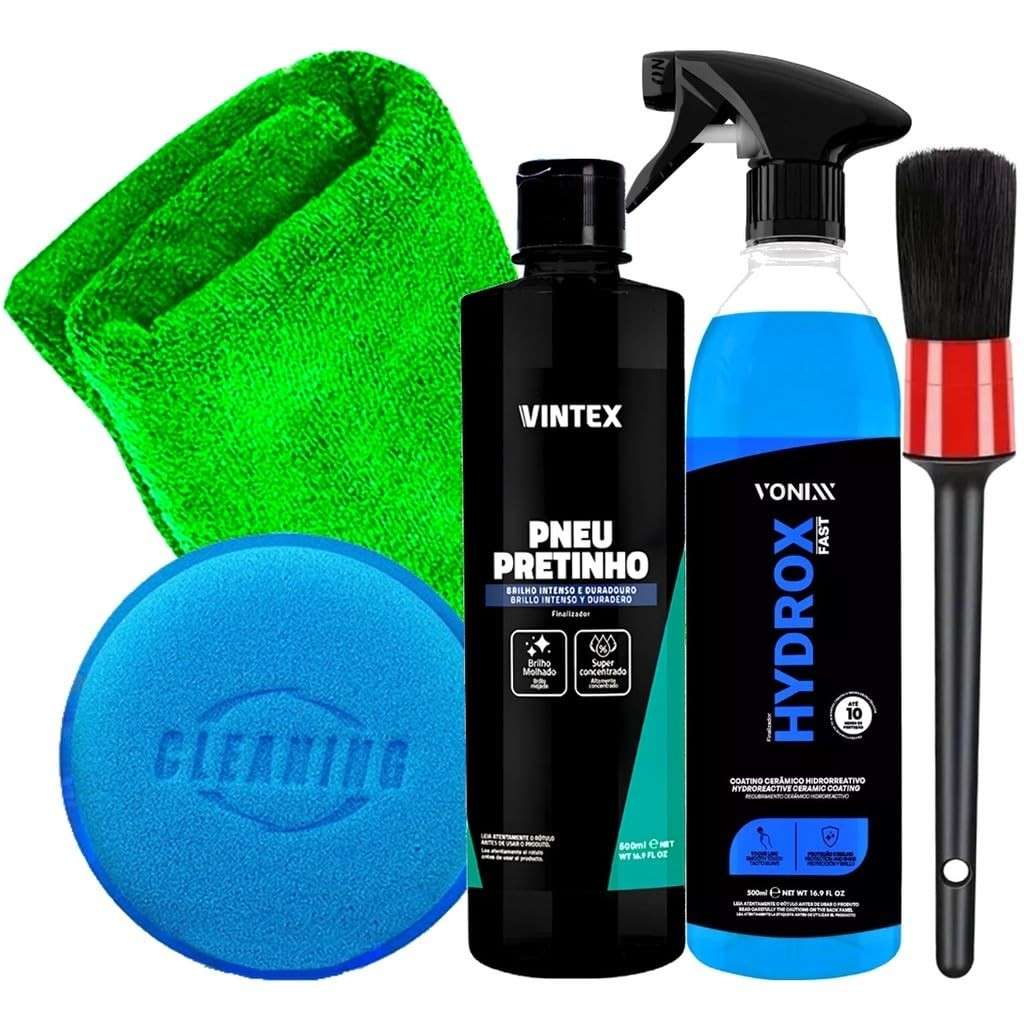 Kit Estética Automotiva Completo Vonixx & Vintex: Pneu Pretinho, Hydrox Fast e Acessórios Karbox